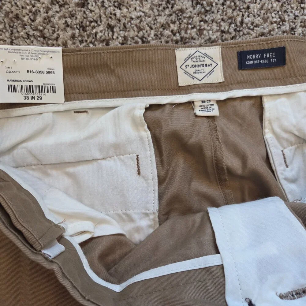St. Johns Bay Worry Free Chino Pants Mens 38X29 Tan Comfort Ease Fit NEW NWT